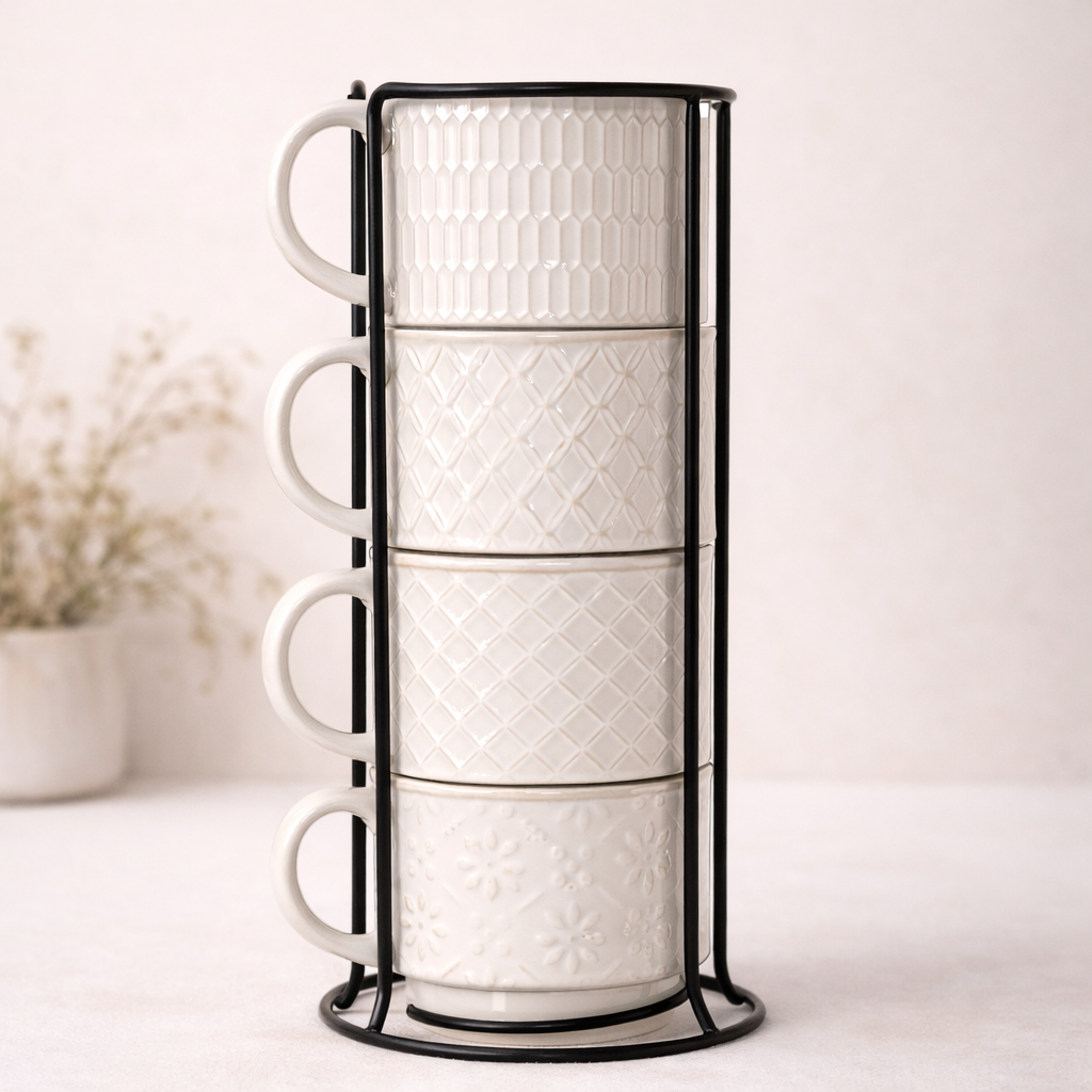 Set de 4 tazas de cerámica con soporte metálico