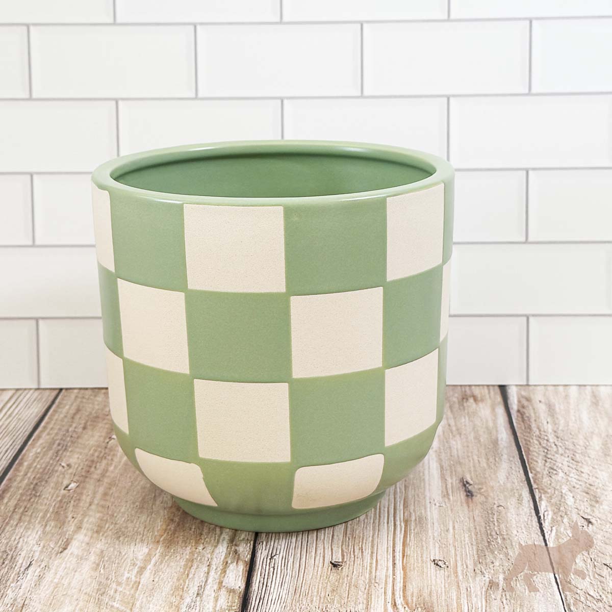 Maceta de cerámica diseño cuadros vintage verde