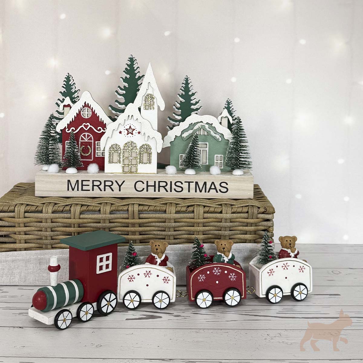 Tren Navideño de 4 Carros con Ositos Rojo, Verde y blanco