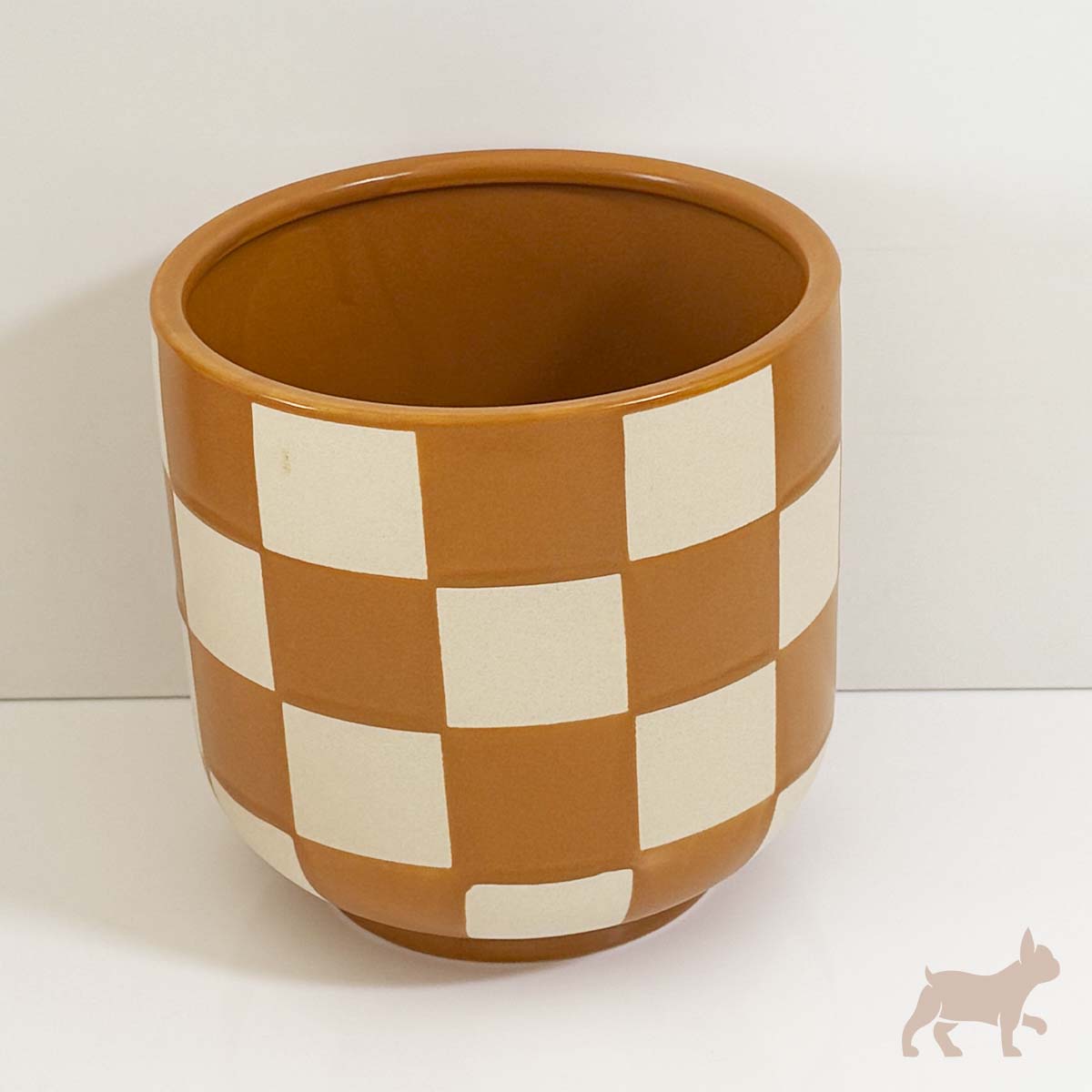 Maceta de cerámica diseño cuadros vintage naranja