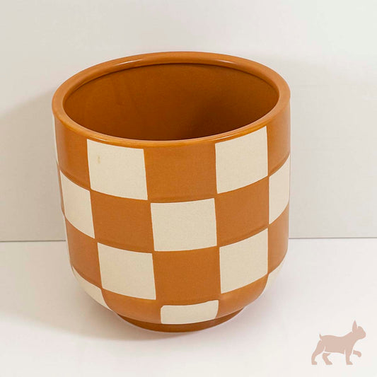 Maceta de cerámica diseño cuadros vintage naranja