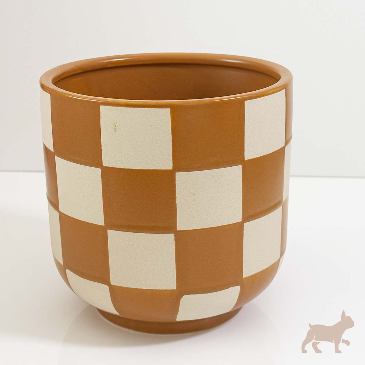 Maceta de cerámica diseño cuadros vintage naranja