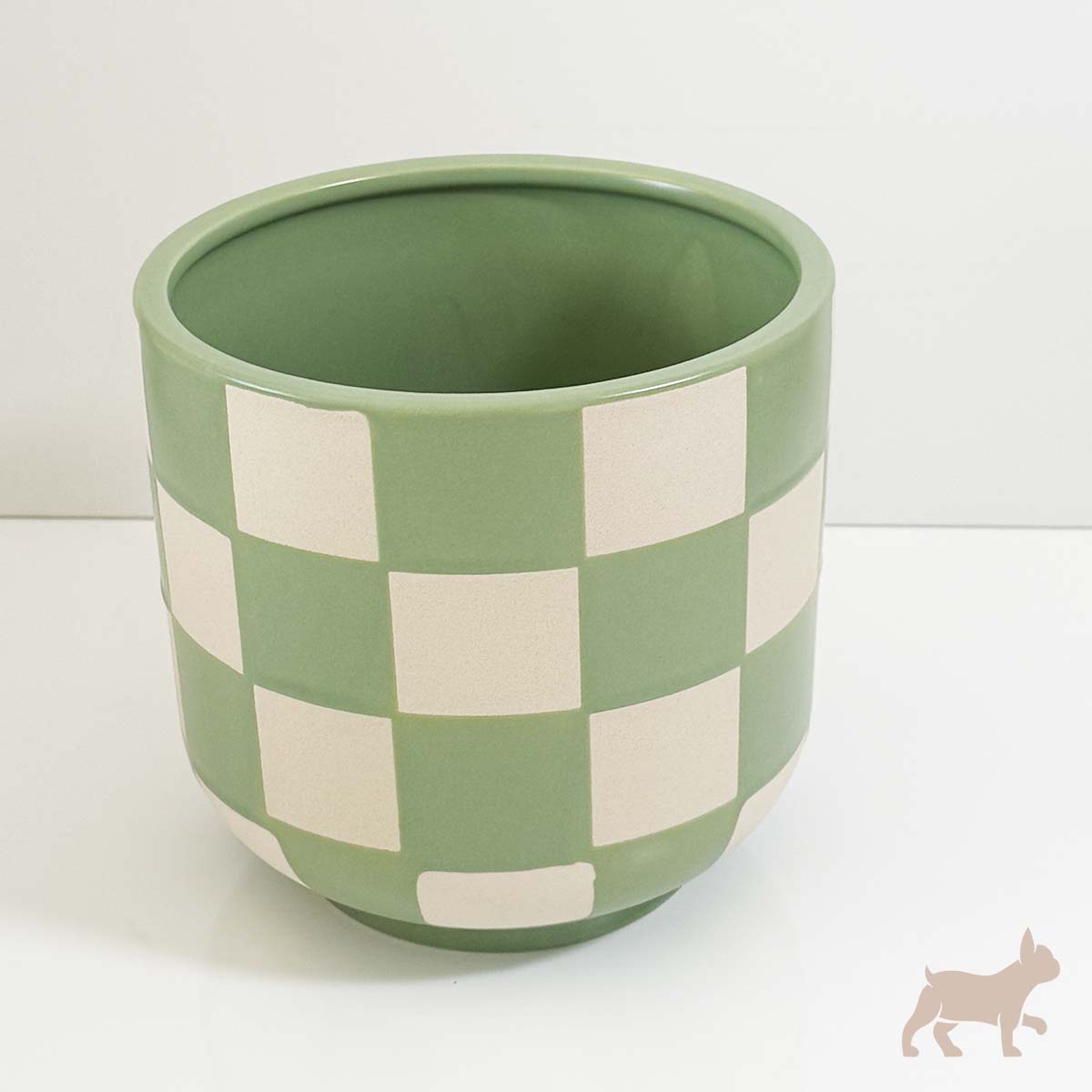 Maceta de cerámica diseño cuadros vintage verde