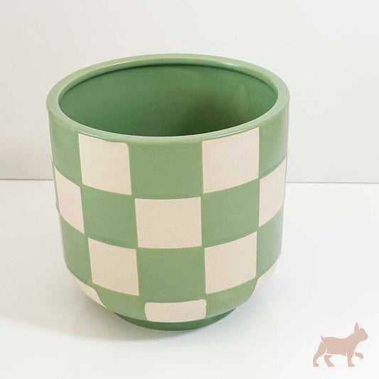 Maceta de cerámica diseño cuadros vintage verde
