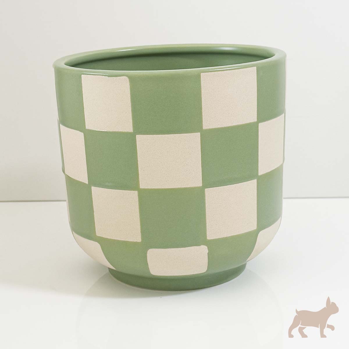 Maceta de cerámica diseño cuadros vintage verde