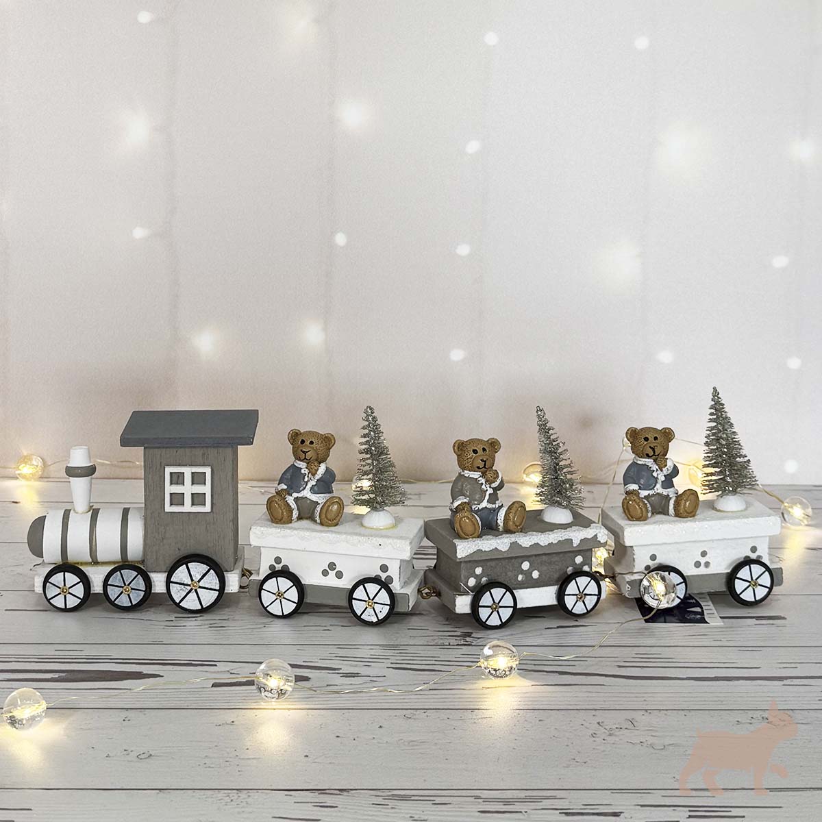 Tren Navideño Gris y Blanco con Ositos