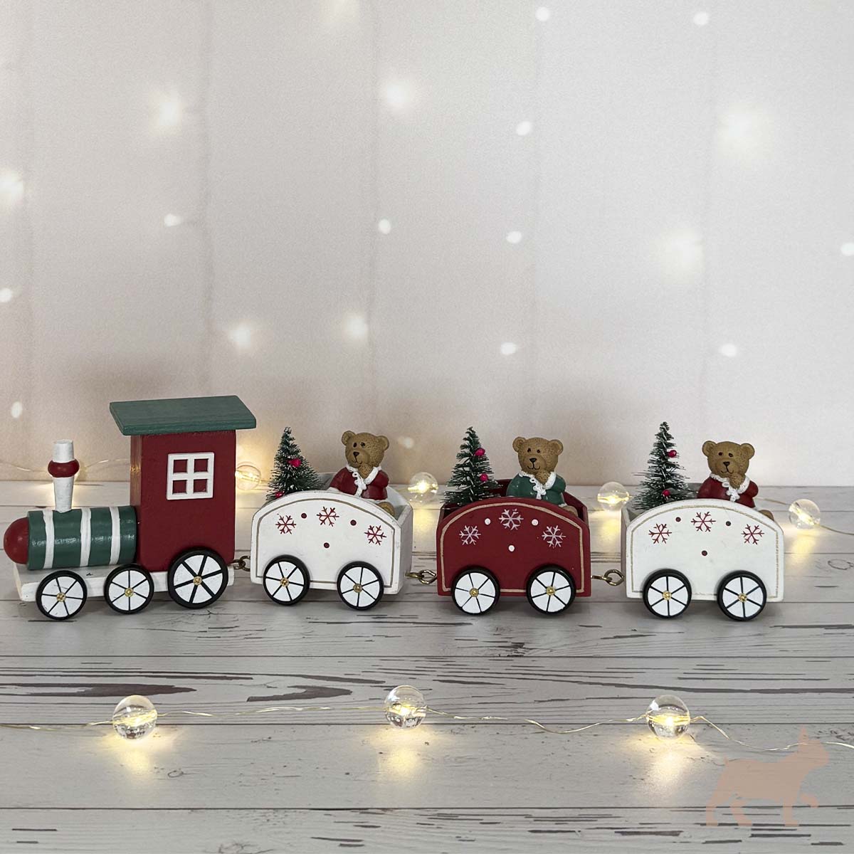 Tren Navideño de 4 Carros con Ositos Rojo, Verde y blanco